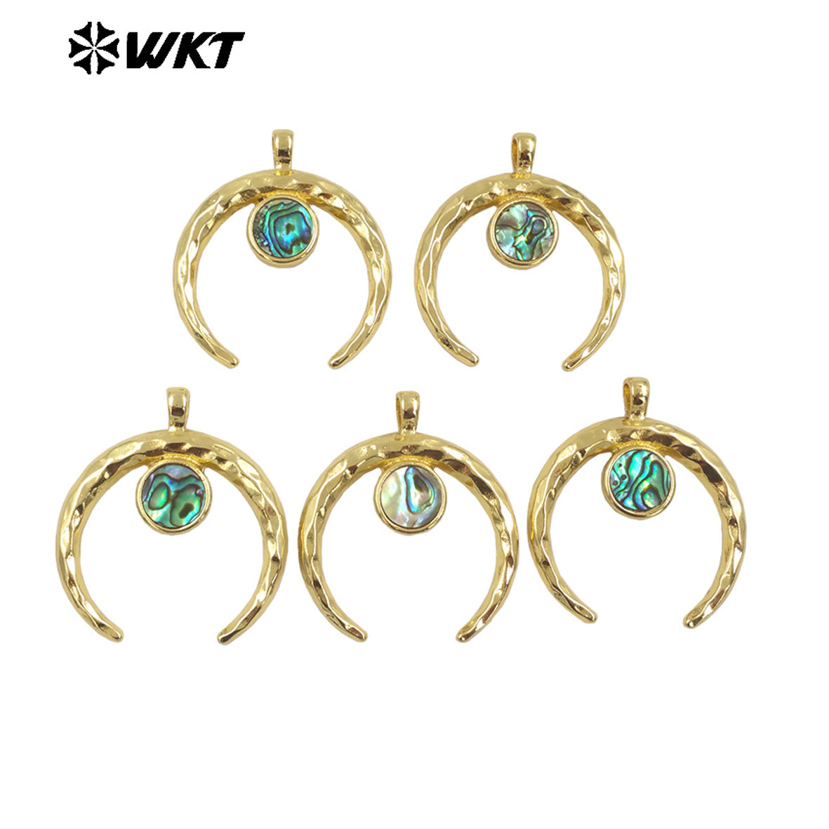 WT-JP372 Fashion Gold Plated Resist Tarnishable Big Abalone Shell Setting Crescent Horn Moon Pendants for Necklace Design