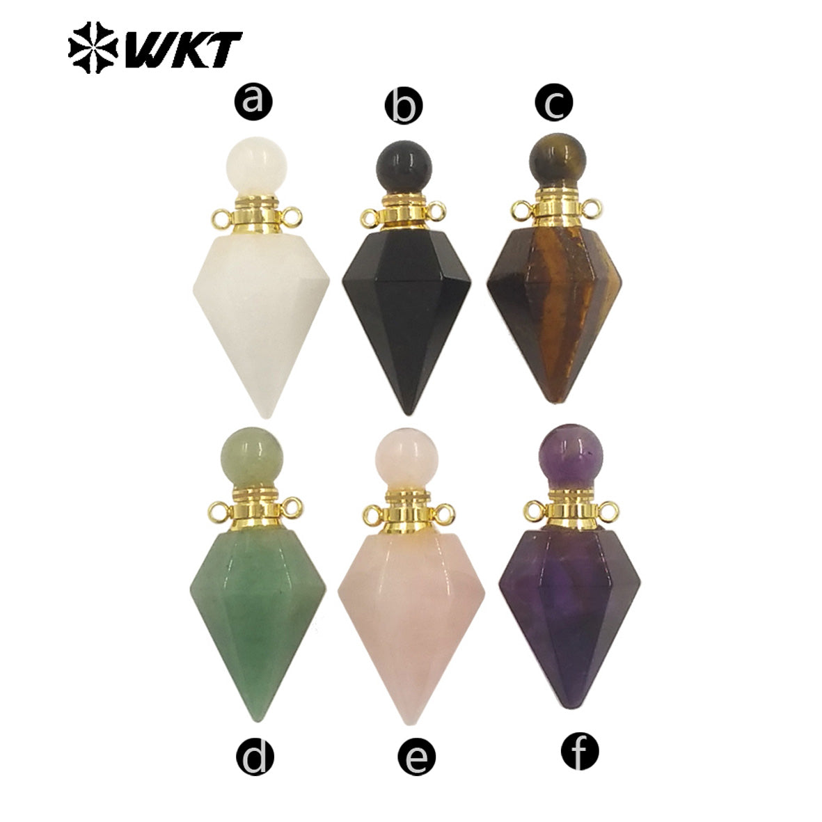 WT-P1983 Wholesale Fashion 18K Gold Plated Stainless Steel Double Loops Bullet Point Natural Quartz Perfume Bottle Pendant