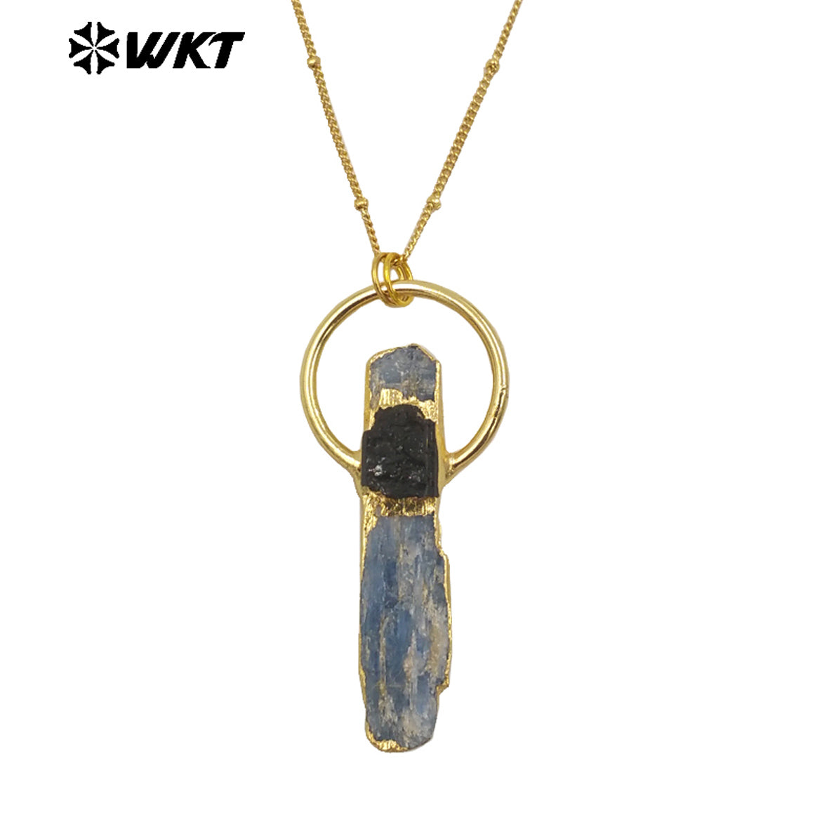 WT-N1471 Wholesale Fashion Design Natural Raw Blue Kyanite With Black Tourmaline Charm Vintage Boho Necklace