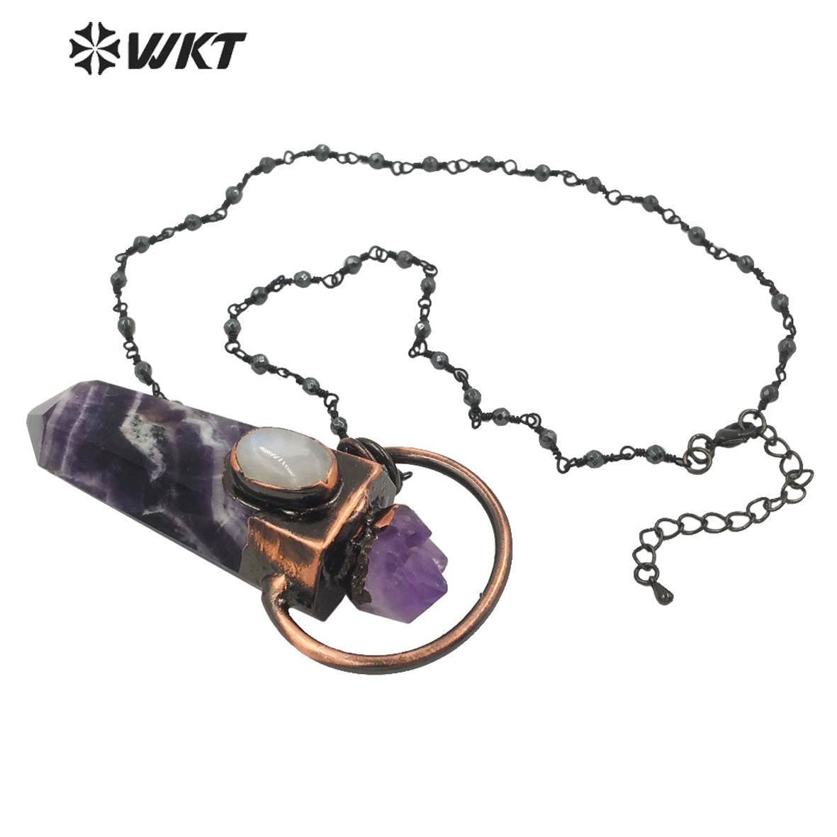 WT-N1264 WOMEN Antique Copper Plated Natural Amethyst Stone Necklace Fashion Energy Stone Point Amethyst Lucky Necklace