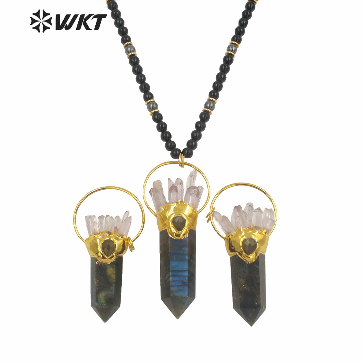 WT-N1244 Women Fashon Big Hexagonal Cube Spirit Point Beads Necklace Natural Labradorite Black Stone Statement Stone Necklace