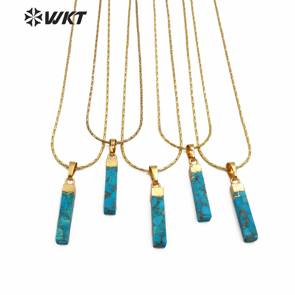 WT-N1164 Natural Blue Vein Turquoise Gold Electroplated Rectangle Shape Pendant Necklace Women Fashion Necklace Jewelry