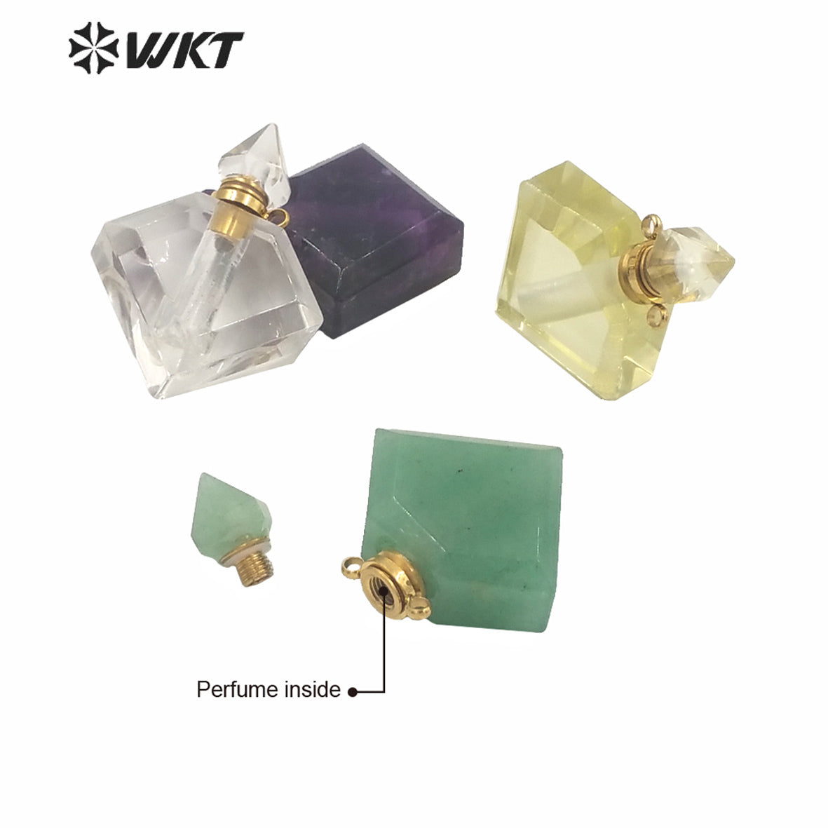 WT-P1575 Wholesale Rhombus Shape Natural Stone Essence Oil Bottle Pendant Gold Stainless Steel Components Stone Perfume Bottle