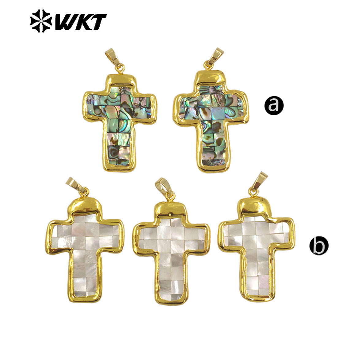 WT-JP407 Wholesale Newest Exquisite Pendant With Natural Abalone and White Shell Gold Edged Block Stitching Cross Shape DIY