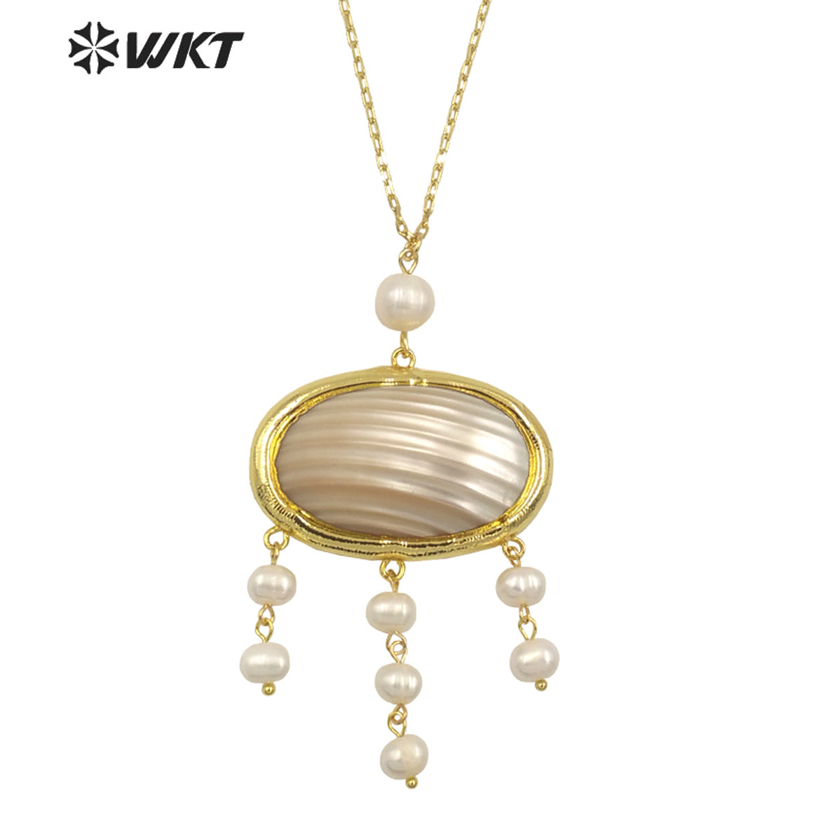WT-JN262 Wholesale Fashion 18K Gold Plated High Quality Natural Freshwater Pearl and Mabe Shell Dangle Statement Necklace