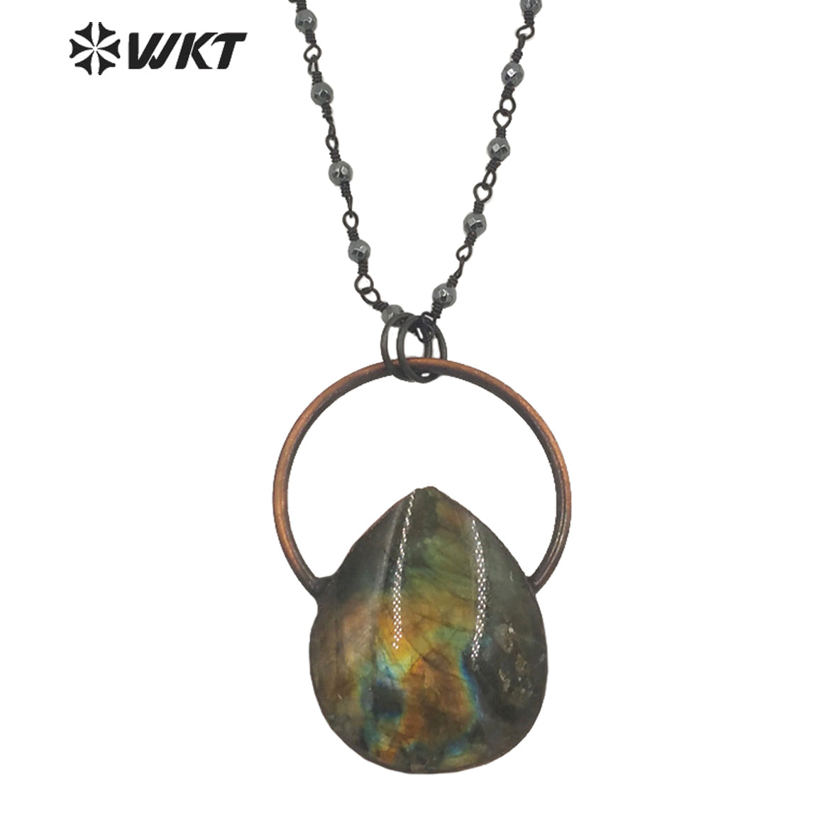WT-N1334 WKT Vintage Shiny Antique Copper Water Drop Shape Natural Stone Labradorite with Copper Big Ring Jewelry Necklace