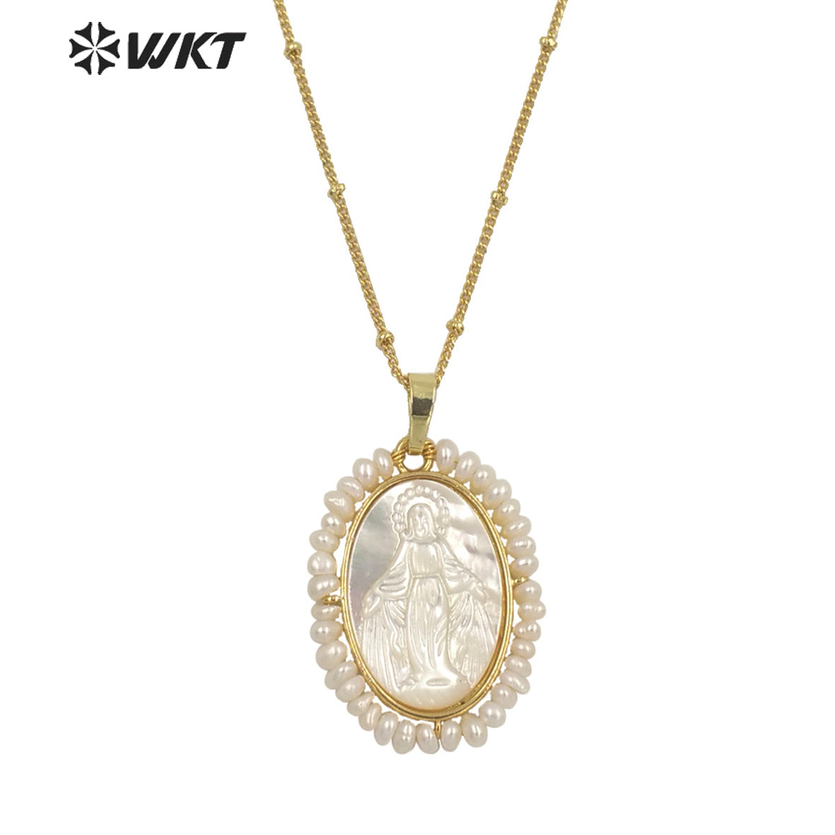 WT-JN156 Newest Charming Tiny Pear Handmade Wire Wrapped Gold Bezel Virgin Mary Shell Necklace Religious White Shell Necklace