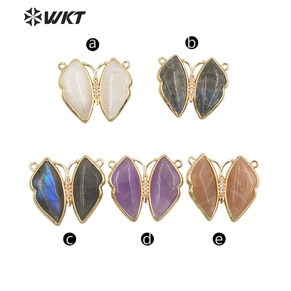 WT-P1881 Amazing Lifelike Lovely Natural Stone Butterfly Pendant Gold Double Loops Sun Stone Jewelry Pendant for Birthday Gift