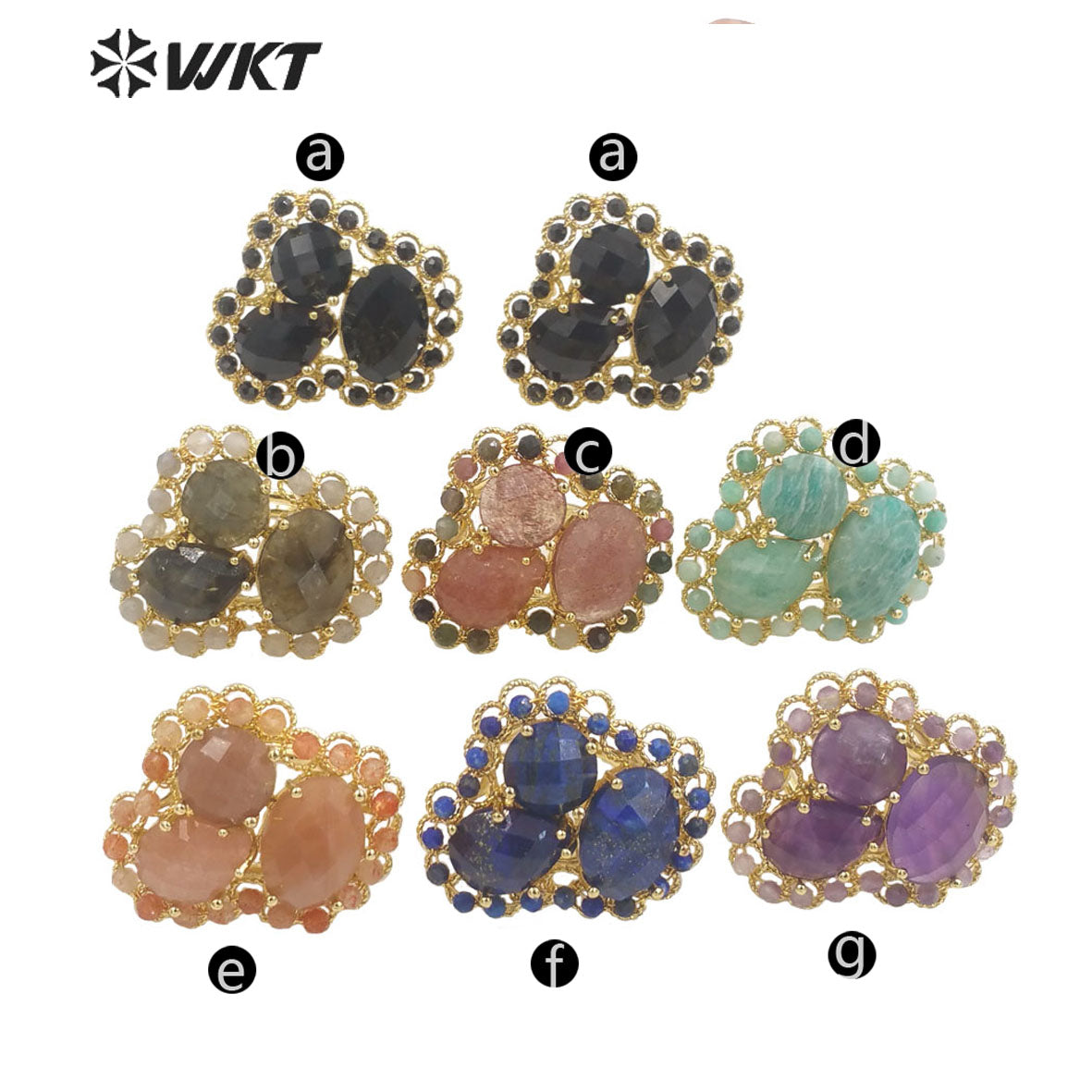 WT-R452 Newest Gold Bezel Natural Gemstone Cocktail Ring Big Exaggerated Luxury Gold Plated Women Triple Stone Ring