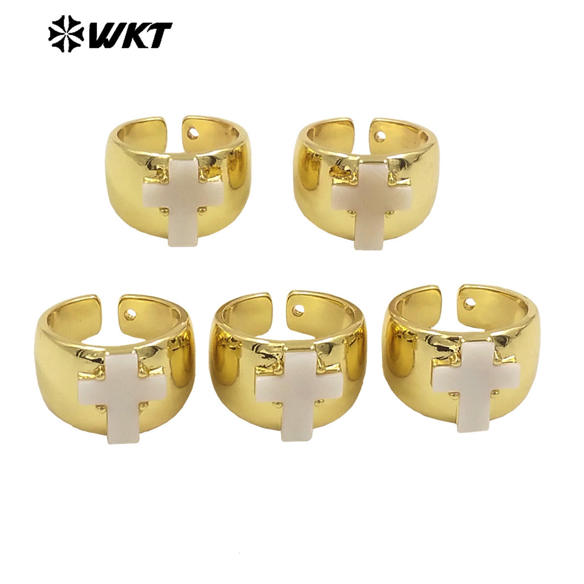 WT-MPR100 Wholesale New Religious Natural White Shell Made Cross Ring for Women 18K Real Gold Plated Brass Cocktail Wide Band