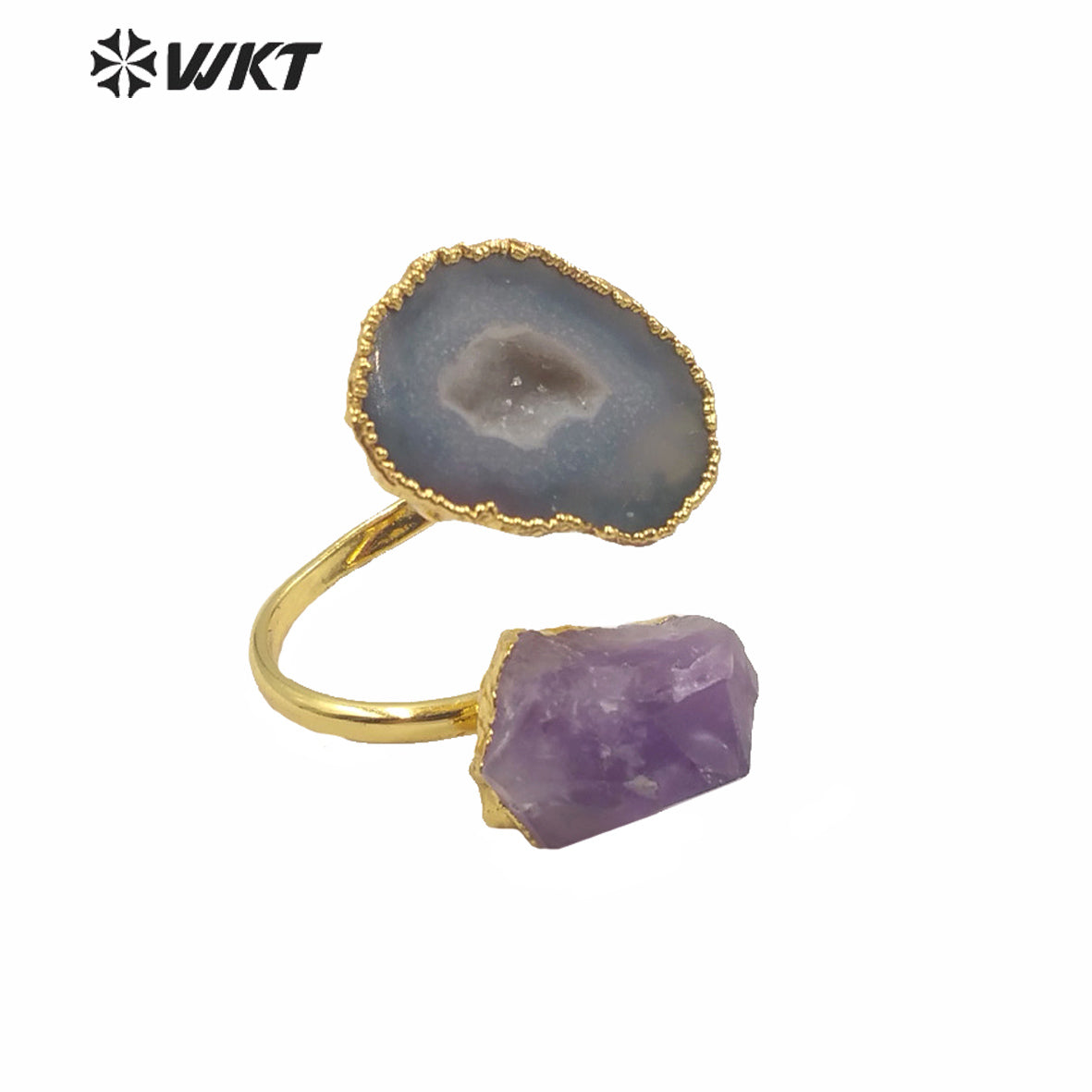 WT-R360 WKT Exclusive Natural Amethyst and Gedoe Agate Stone Ring Fashion Double Stone 18k Real Gold Plated Amethyst Rings