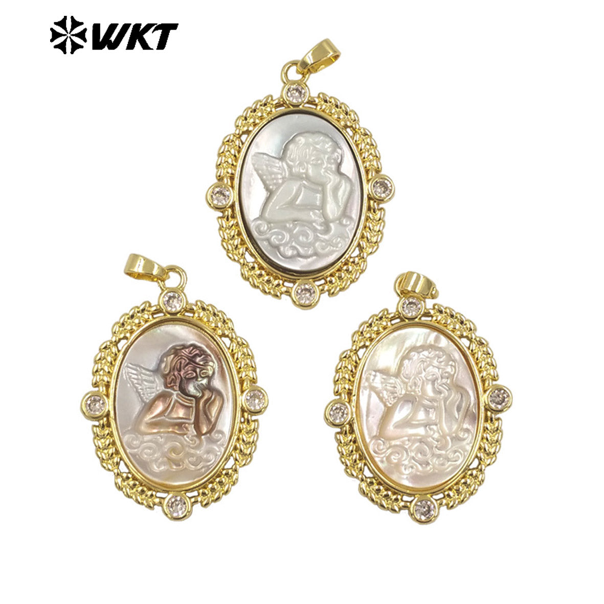 WT-JP371 Wholesale Fashion Gold Plated Oval Shape 18K Real Gold Plated Handmade Carved Mother of Pearl Shell Angel Pendants