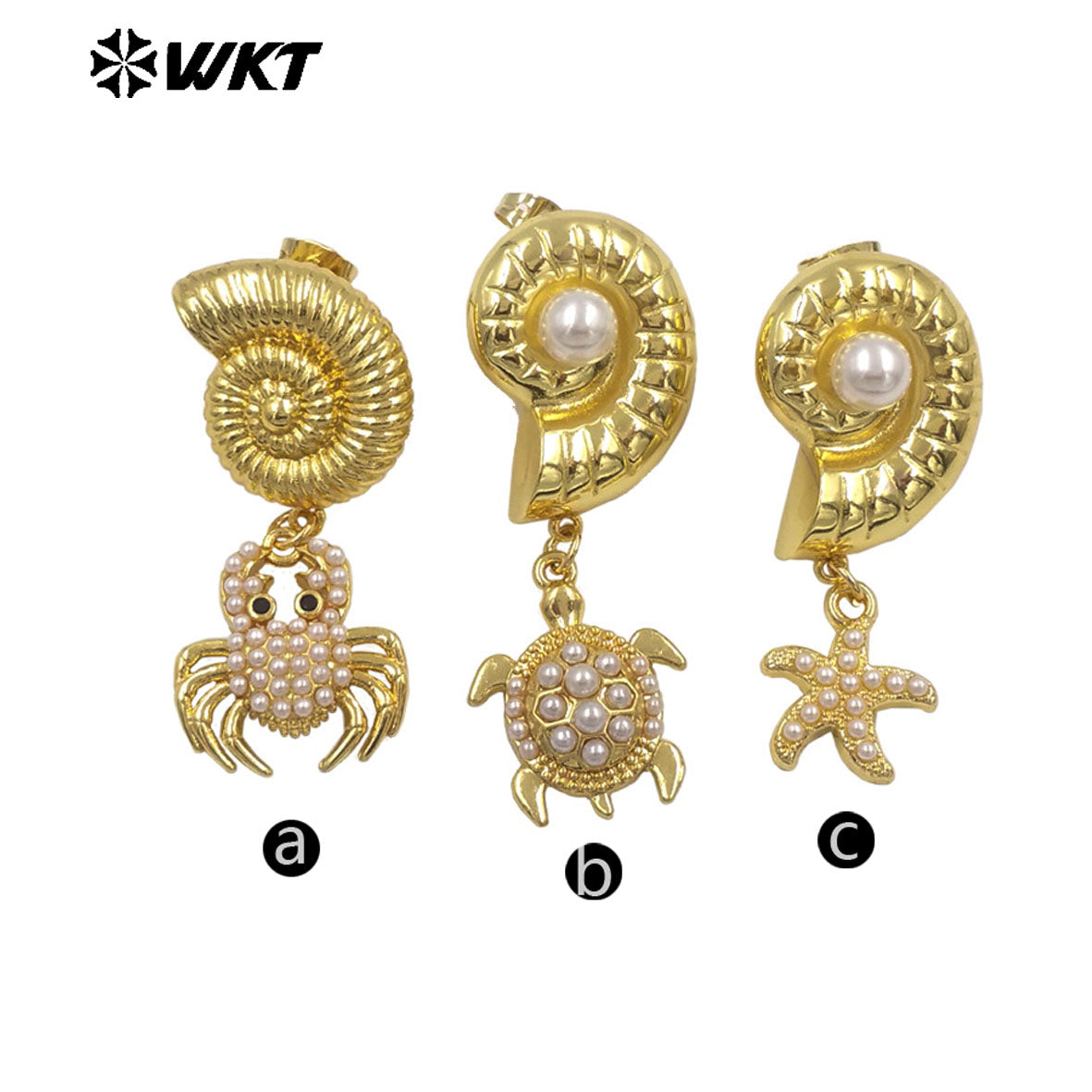 WT-ME134 Lovely Shell Shape Brass Gold Plated With Little Charm And Artificial Pearl Earrings For Women Daily Decoration
