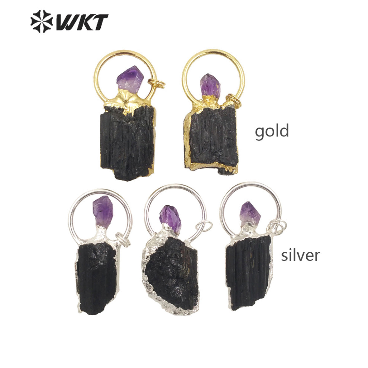 WT-P1960 Wholesale Fashion 18K Gold Plated Raw Stone Black Tourmaline With Amethyst Charm Energy Jewelry Pendants