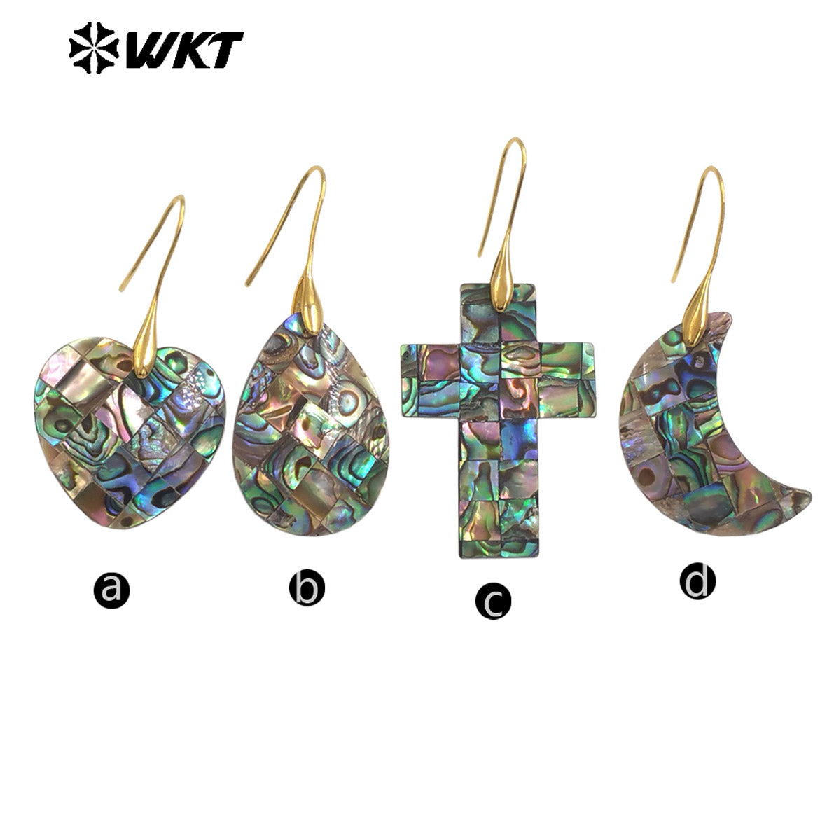 WT-MPE159 Hot Sales Romantic Style Natural Abalone Shell Earrings in Gold Plated Cross Heart Waterdrop Moon Shape Ladies Gift