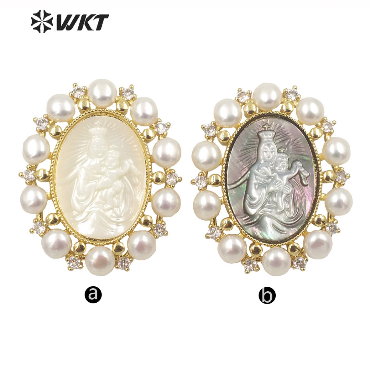 WT-JP276 WKT Gold Fashion Micro Pave Cubic Zircon Christian Religious Charm Pendant with Pearl Trim Royal Style Pearl Pendant