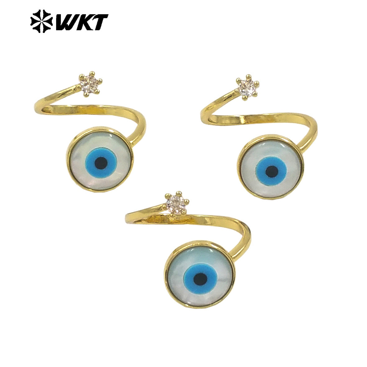 WT-MPR098 WKT New Design 18K Real Gold Plated Natural Round Shell Eye With Zircon Charms Fashion Lady Ring
