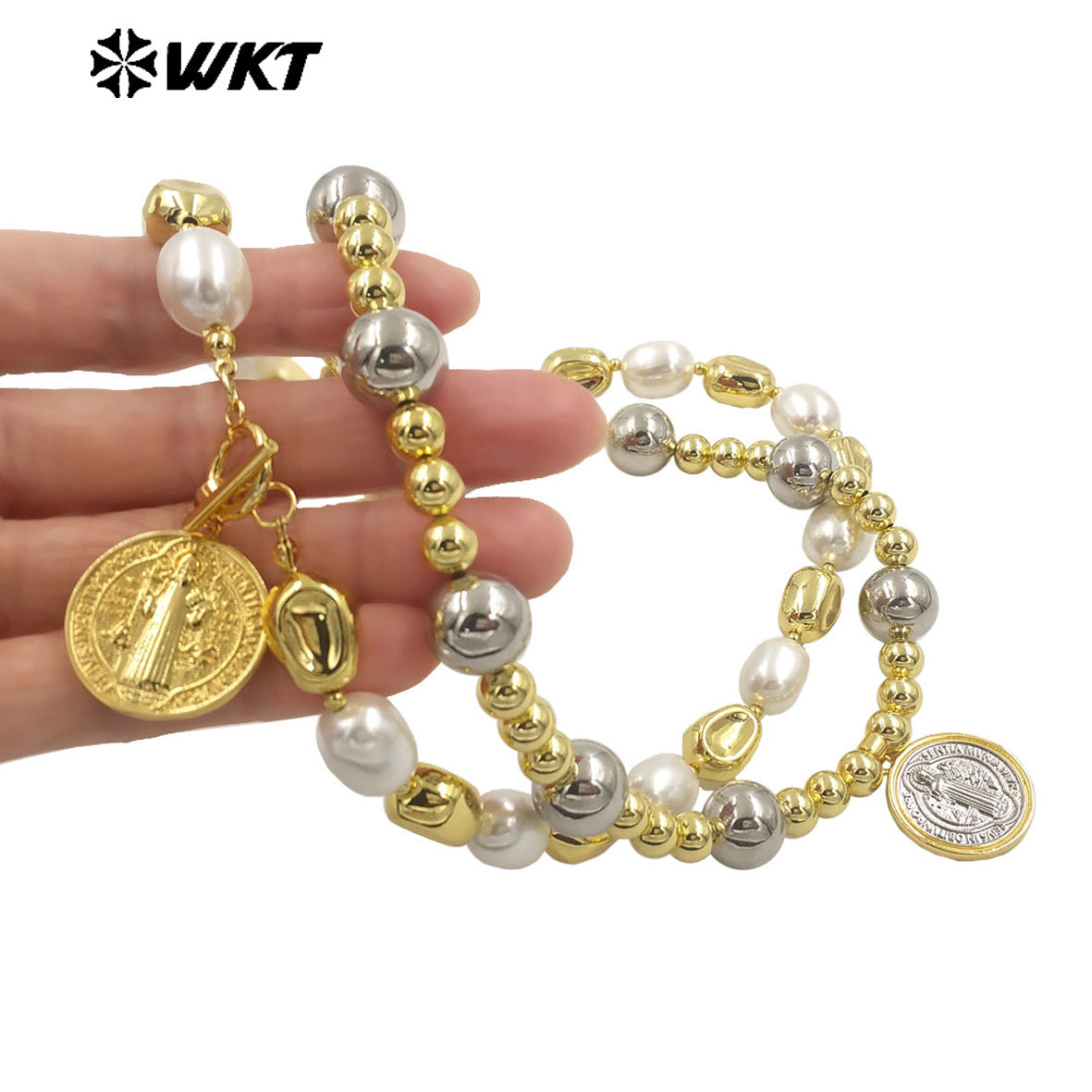 WT-JN303 Customize 18K Gold Plated and Silver Round Flat Pearl Beads Religious Shell Necklace Fashion Special Jewelry for Ladies
