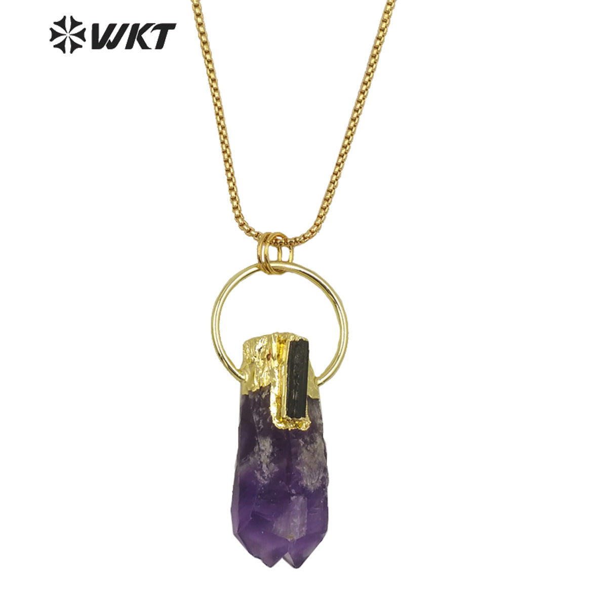 WT-N1266 Gorgeous New Big Amethyst Point Energy Stone Necklace Lady Lucky Stone Necklace With Gold Plated in 18 Inch Long