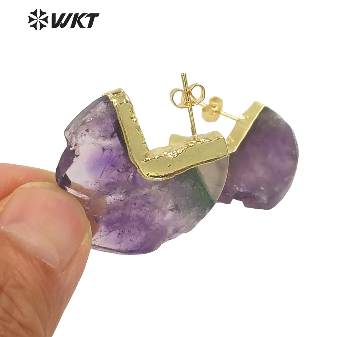 WT-E648 Amazing Fashion Gold Electroplated Moon Shape Slice Amethyst Stone Studs Earrings Women Gorgeous Half Moon Earrings