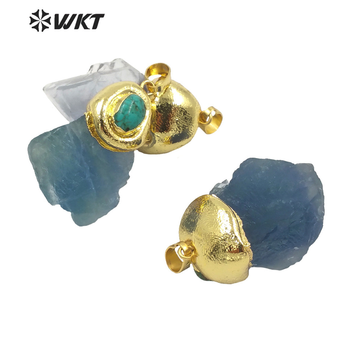 WT-P1654 Wholesale Gold Aqua rainbow Fluorite Stone Pendant With Turquoise Charm Vintage Boho Raw Stone Blue Fluorite Pendant