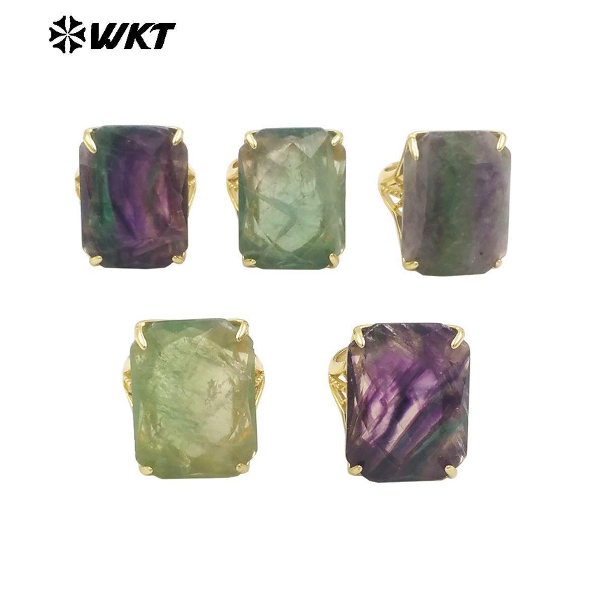 WT-R515 Wholesale Fashion Gold Plated Natural Rainbow Fluorite Stone With Claw Setting Long Square Women Ring