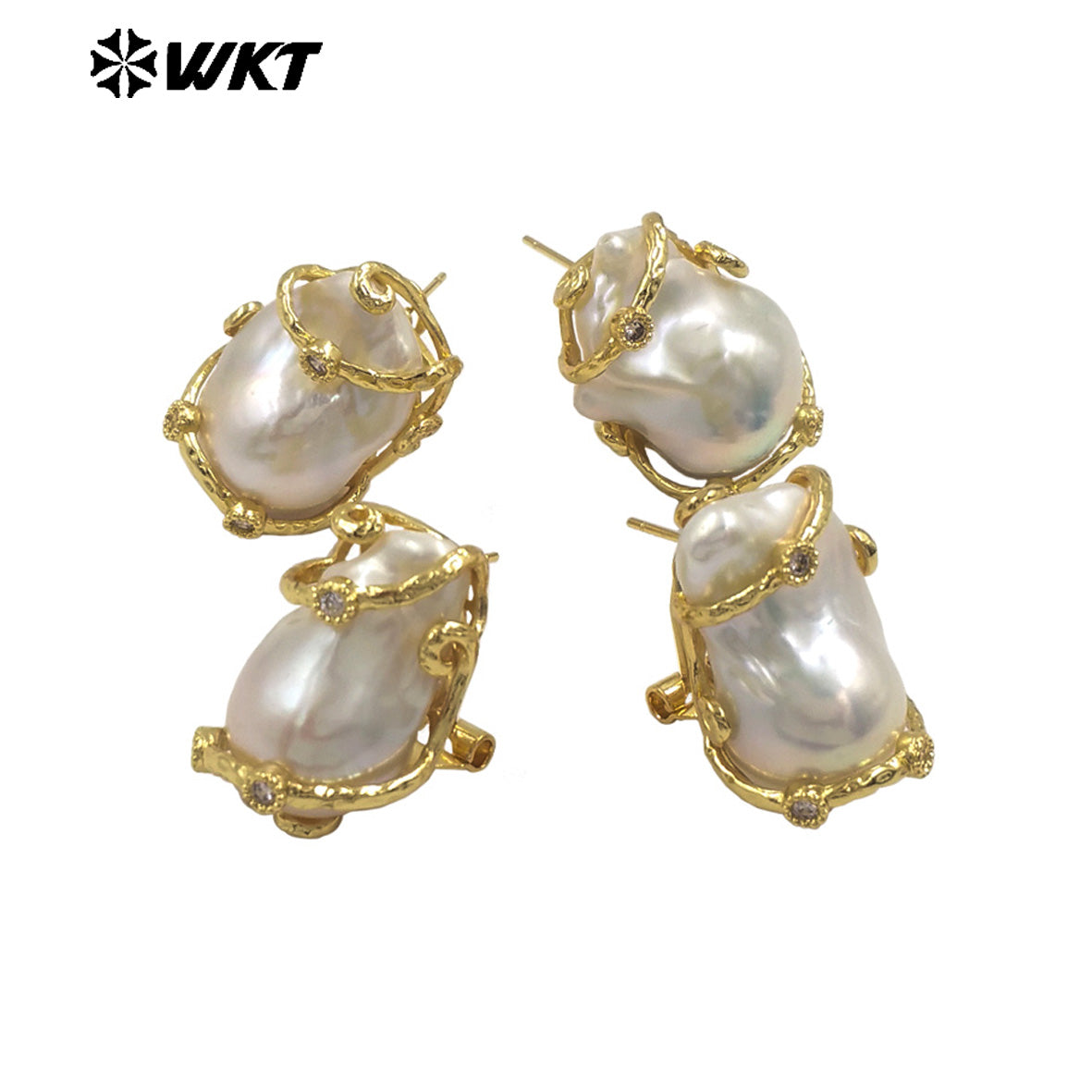 WT-MPE149 Amazing Gorgeous Natural Randomly Shape Baroque Studs With Cubic Zircon Claw Setting Pearl Earrings