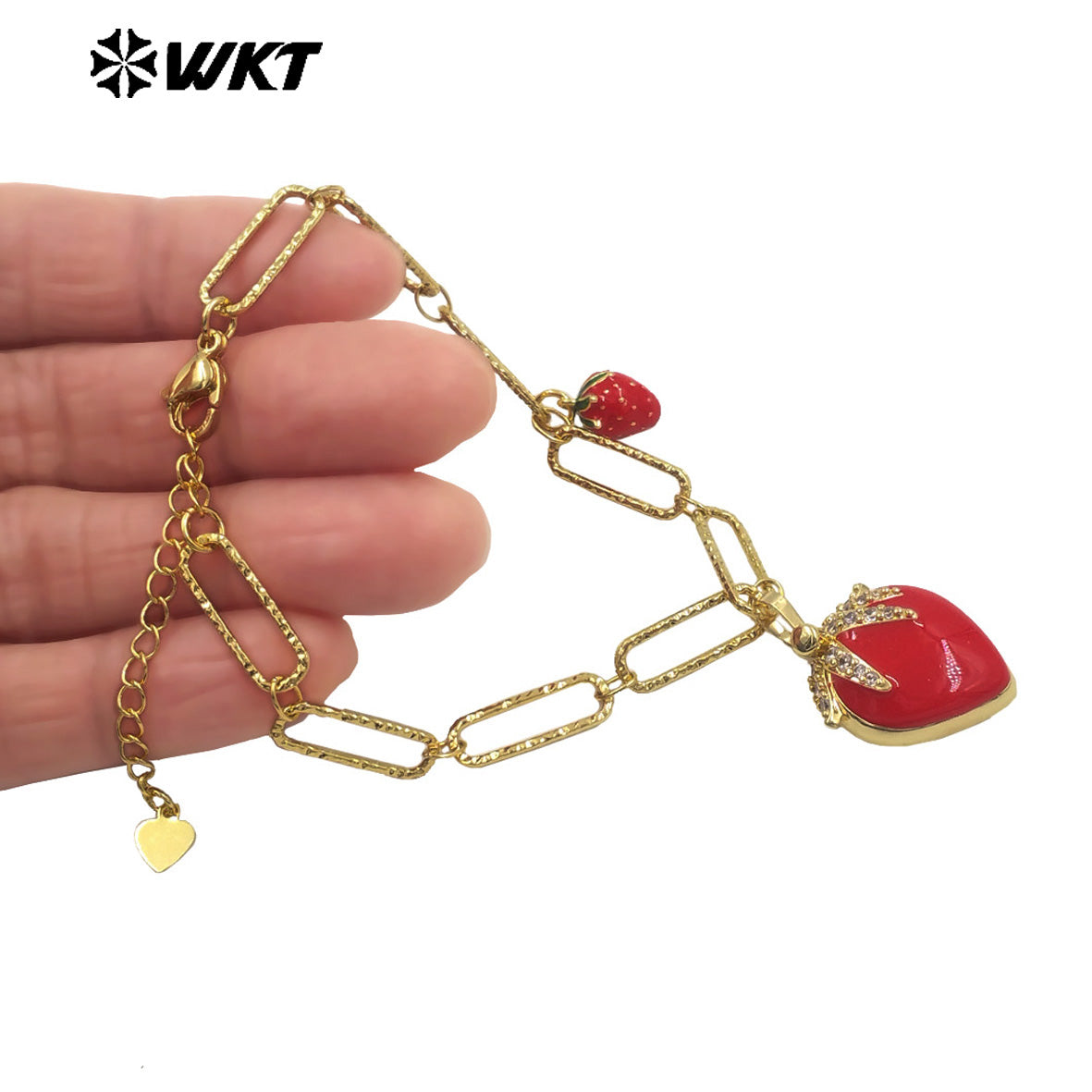 WT-JF366 High Quality Beautiful Ladies Double Strawberry Charms Gold Plated Rectangle Chain Bracelet Yellow Brass With Drop Oil