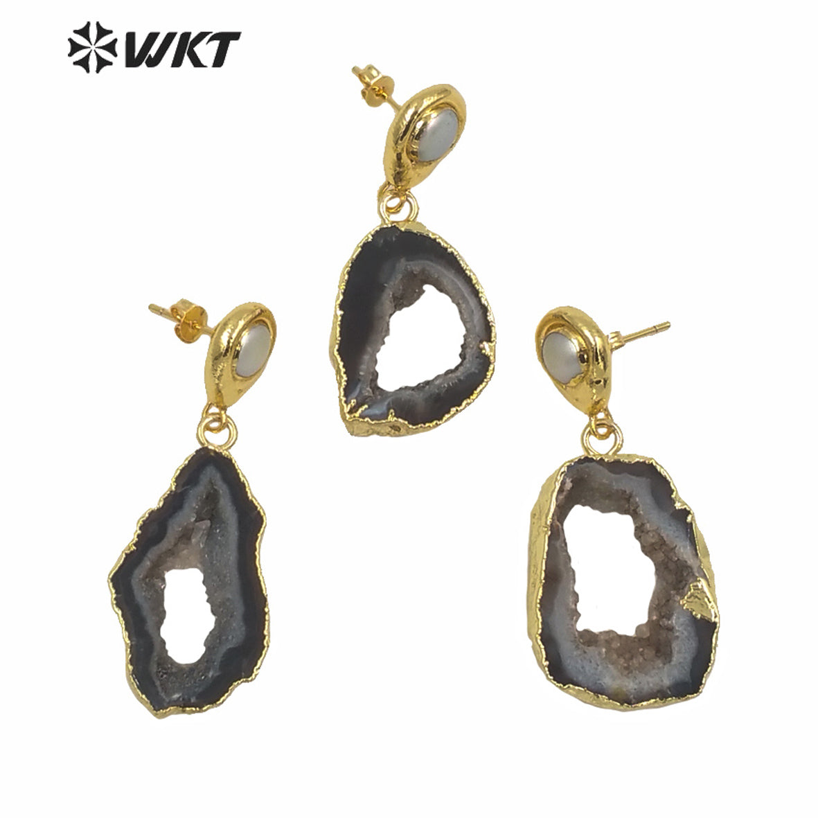 WT-E639 New Natural Black Geode Agate Earrings for Women Fashion Gold Electroplated Real Druzy Stone Dangle Earrings with Pearl