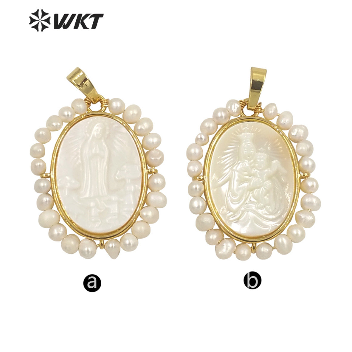 WT-JP264 WKT New Design Fashion Gold Bezel Religious Pearl Christian Pendant Oval Shape Virgin Mary Pendant for Necklace