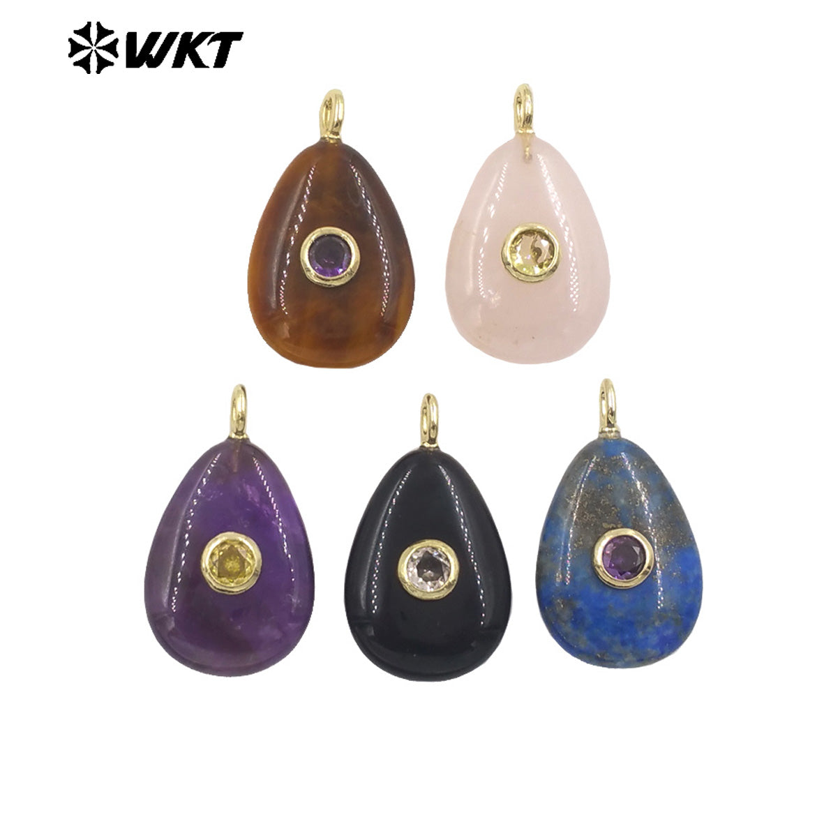 WT-P2022 Simple Design Waterdrop Shape Smooth Natural Gemstones Set In Zircon Small Pendant For Women Earrings DIY Accessory
