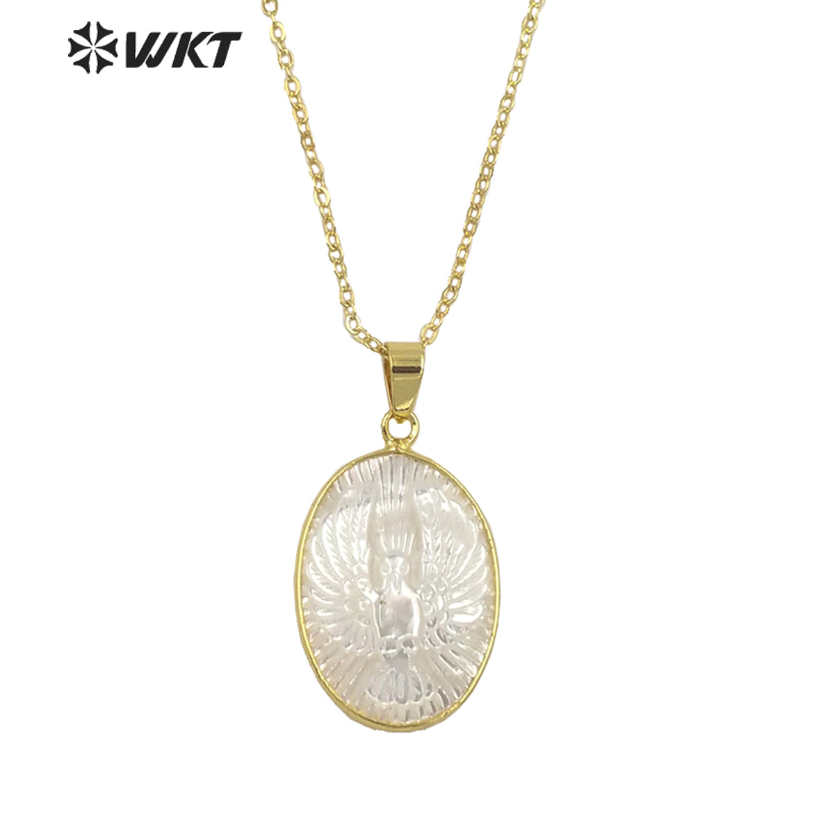 WT-JN180 WKT New Style Fashion Gold Bezel Mother of Pearl Carved White Eagle Pendant Necklace Women Holy Animal Pendants