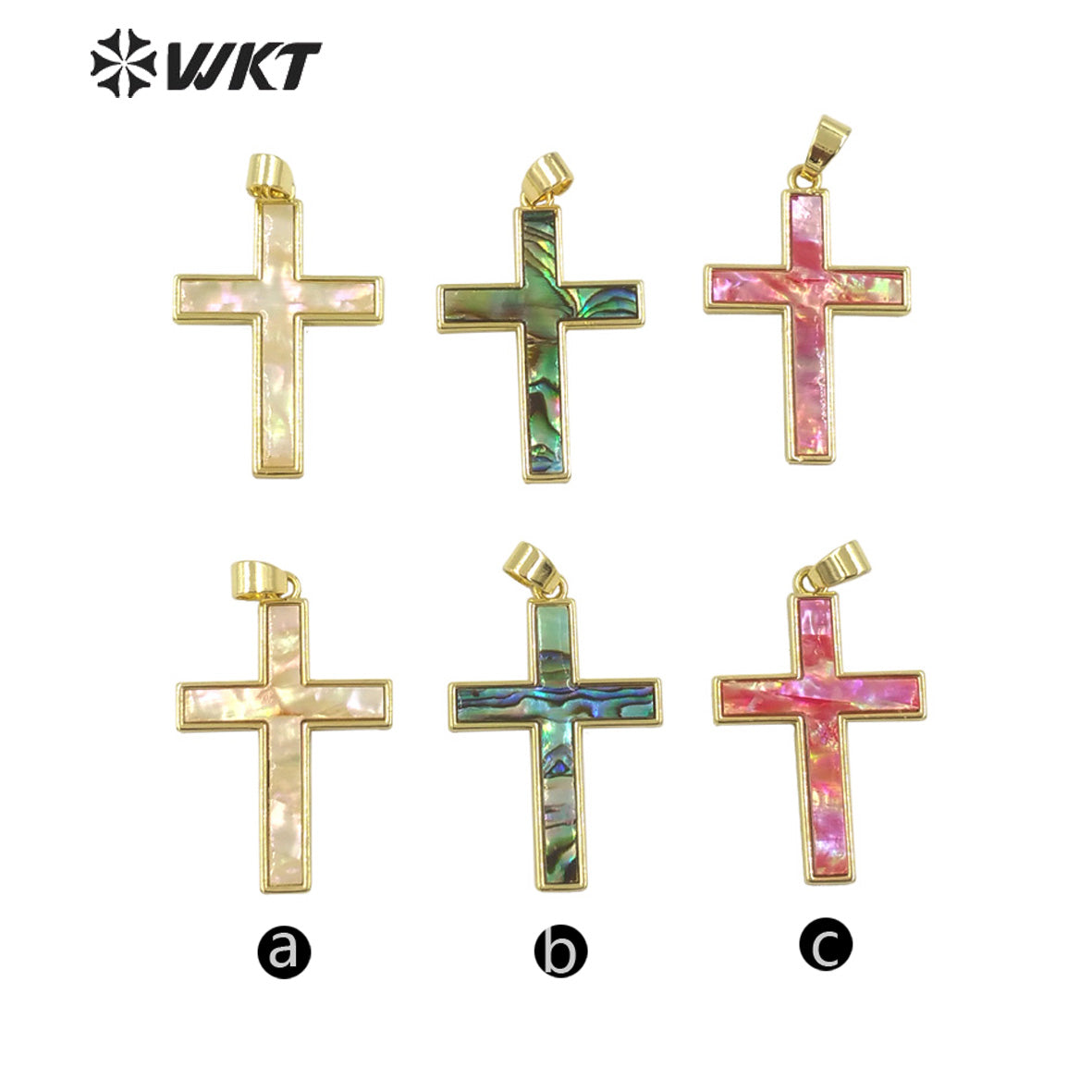 WT-JN277 Wholesale Amazing Christian Natural Shell Cross Pendant Necklace Gold Bezel Setting Unisex Jewelry