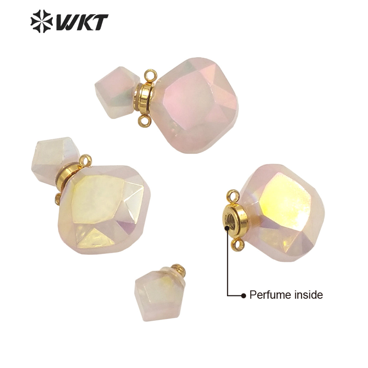 WT-P1675 WKT New Natural Gemstone Rose Quartz Aura Perfume Bottle Jewelry Pendant Lady Elegant Small Charm Stone Perfume Bottle