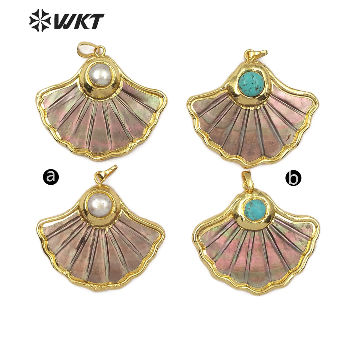 WT-JP102 Dark Shell Scalloped Top with Pearl or Turquoise Embellishment with Two Choices of Gold-plated Shell Pendants