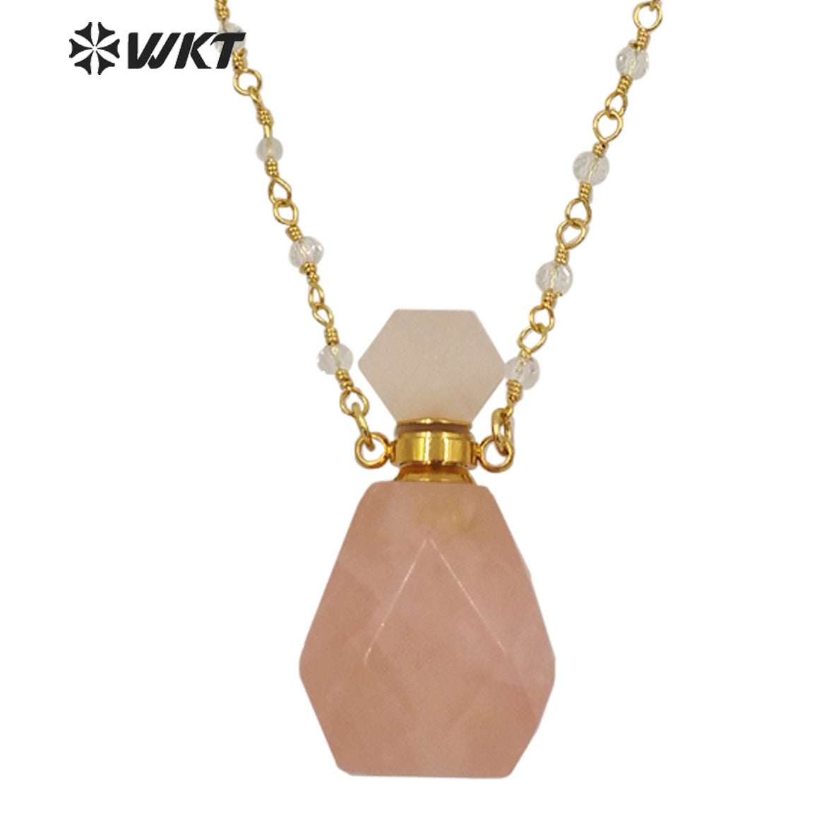 WT-N1269 Wholesale Lady Birthday Stone Perfume Bottle Necklace Gold Stainless Steel Metal Rose Quartz Stone Bottle Necklace