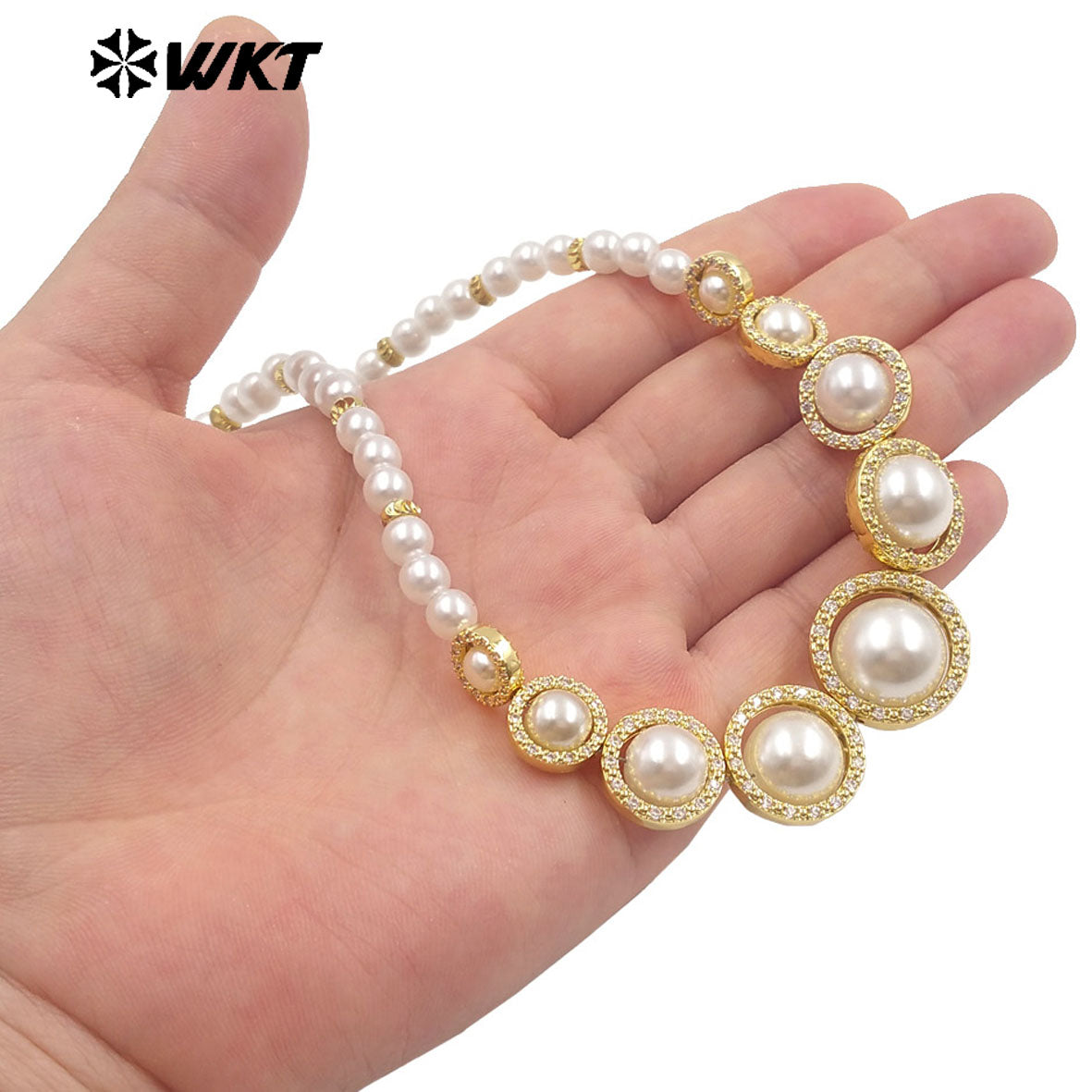 WT-JN290 Stylish Gold Beads Interspersed With Silver Beads Pearl Round Necklace With Small Zircon Jewelry Accessories for Women