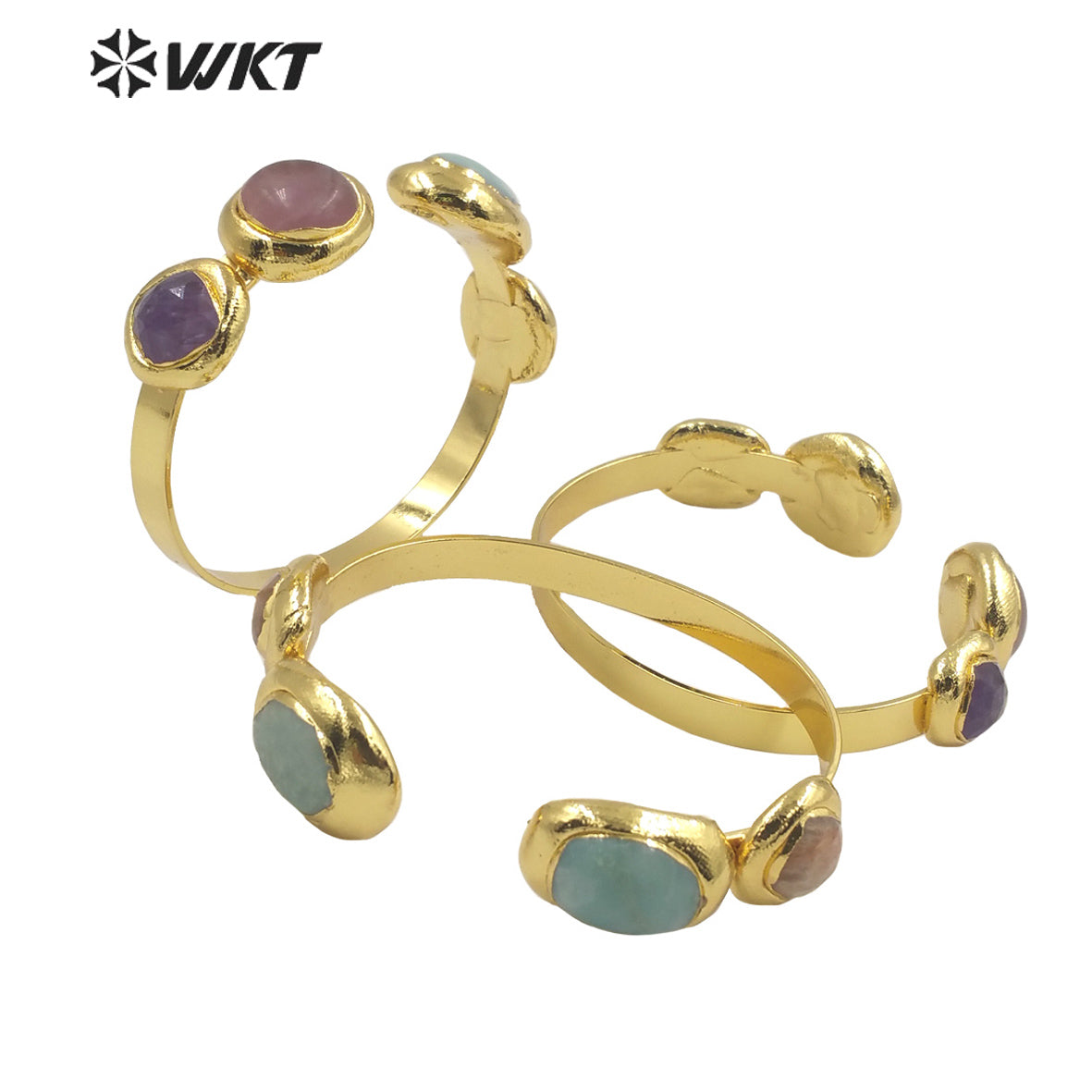 WT-B592 WKT 2022 Fashion Jewelry Sun Stone Amethyst Black Obsidian Adjustable Gold Bangle Natural Triple Stone Bangle