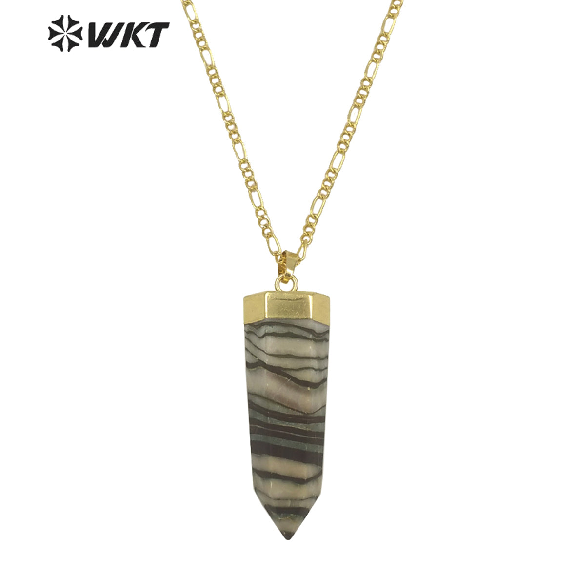 WT-N1301 New Stone Fashion Hexagon Spirit Jade Stone Pendant Necklace 18 Inch Long Chain Women Gold Stone Necklace
