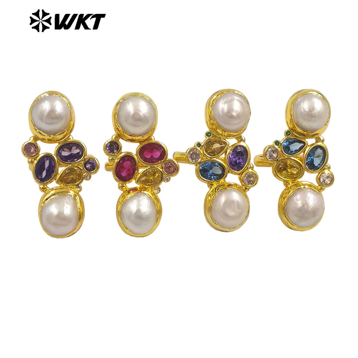 WT-MR042 Wholesale Amazing Pearl Ring With Cubic Zircon Adjustable Size Gold Plated Elegant Fashion Style Ladies Jewelry