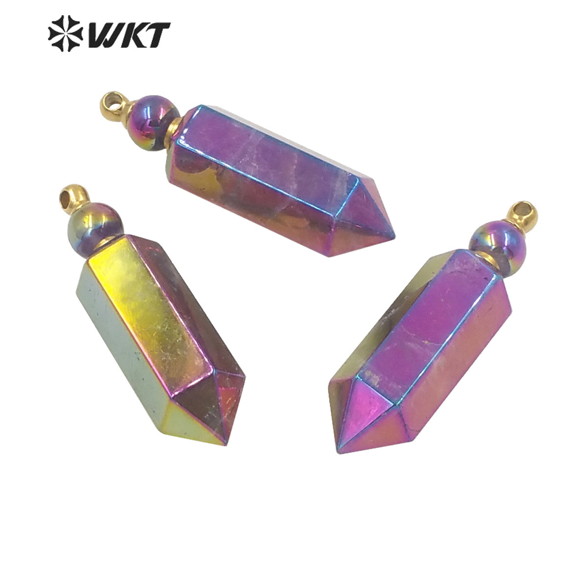 WT-P1615 Amazing Gold Hexagon Spirit Quartz Women Fashion Perfume Bottle Pendant New Spirit Point Essencial Oil Pendant Rainbow