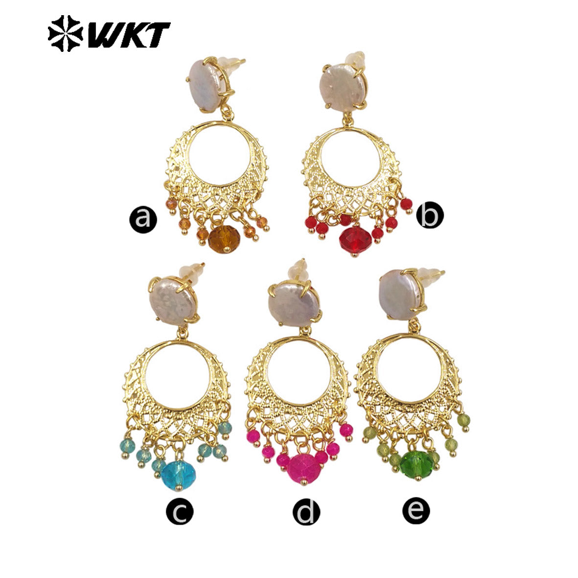 WT-MPE133 Stunning Colorful 18K Real Gold Plated Long Dangle Hand Made Claw Setting Charming Freshwater Pearl Stud Earrings