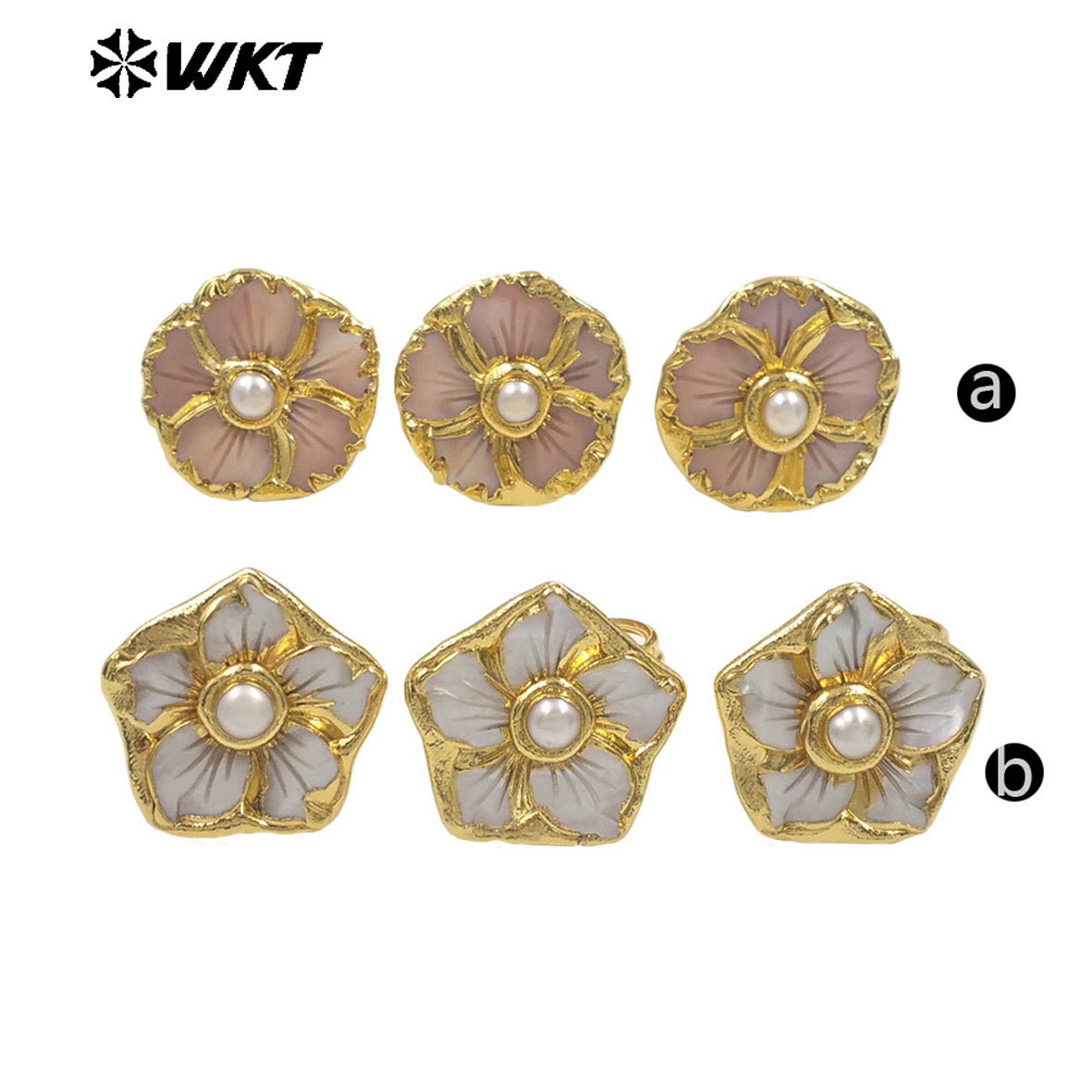 WT-MPR148 Beautiful Hand Carved Flower Shape Pink White Shell And Pearl 18K Gold Plated Rings For Ladies Elegant Jewelry