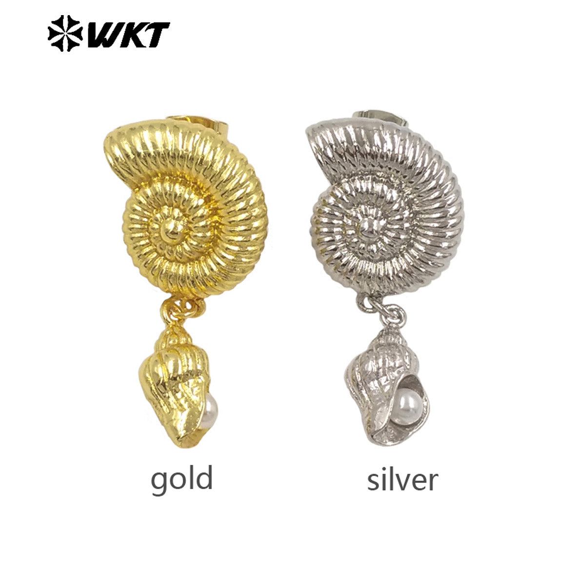 WT-ME131 Boutique Gold And Silver Plated Brass Charms With Artificial Pearl Shell Shape Earrings For Women Vacation Jewelry