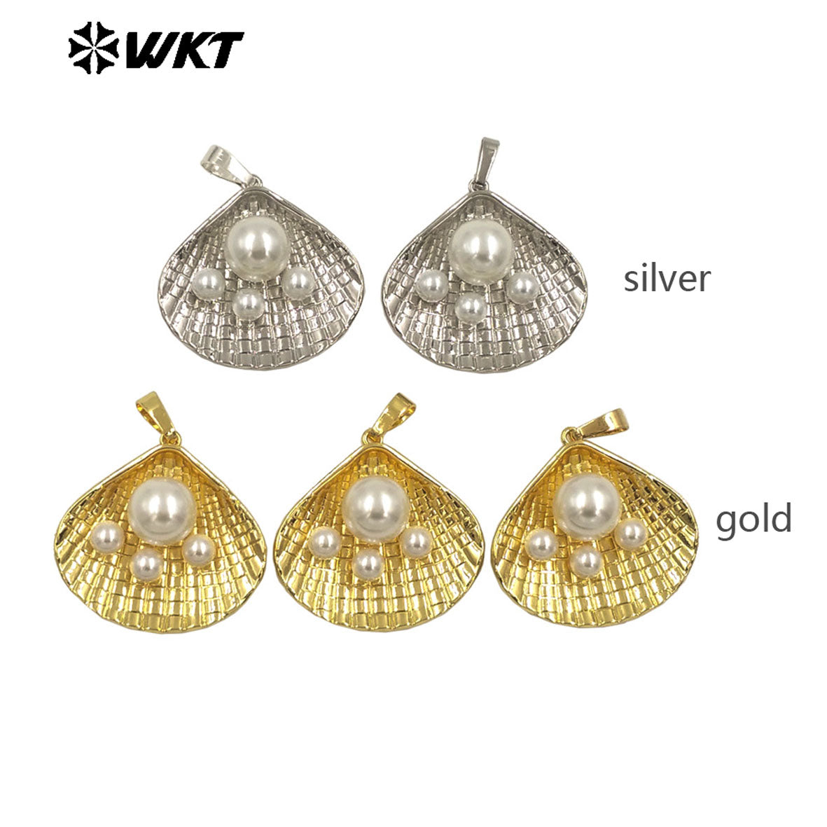 WT-JP399 Wholesale New Arrival Three Manmade Pearl Pendant Gold/Silver Plated Shell Shape For Women Jewelry Making Accessory
