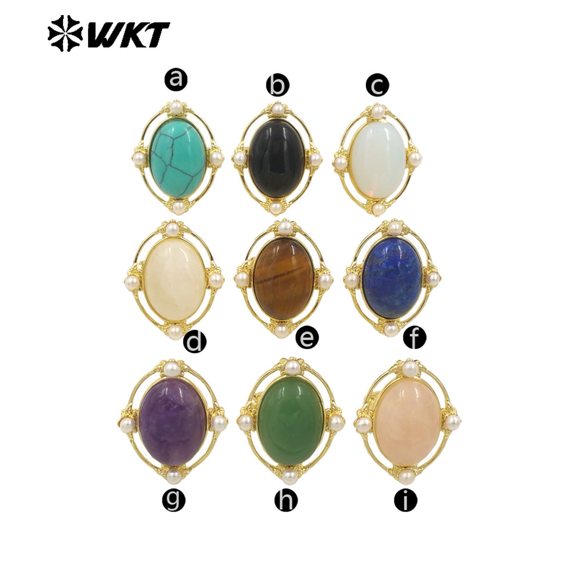 WT-R541 Wholesale Fashion Gold Plated Retro Natural Gemstone Lapis Amethyst Oval Stone With Pearl Beads Adjustable Women Ring