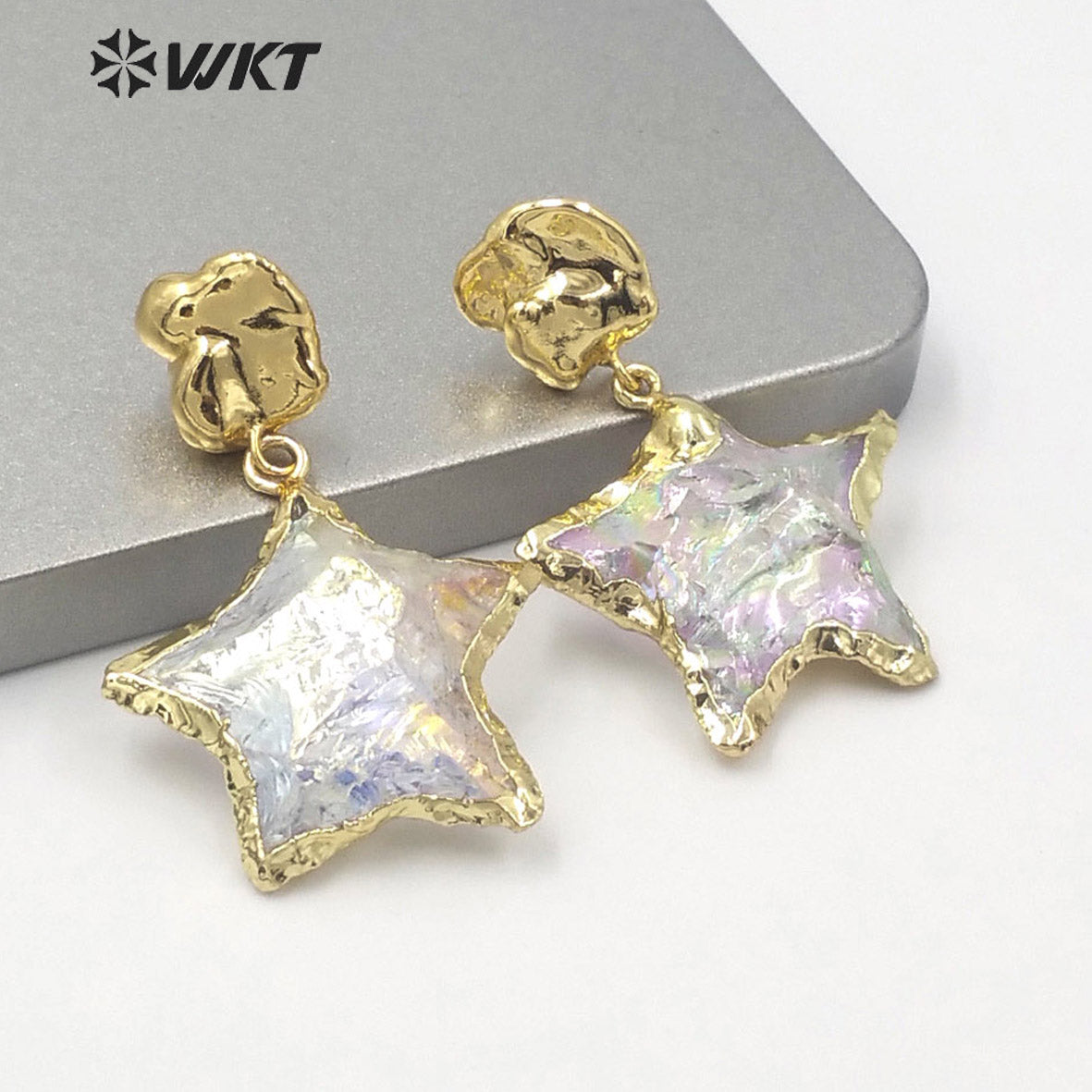 WT-E633 WKT Exclusive Natural Handmade Raw Crystal Quartz AURA Moon Earrings Fashion Gold Electroplated Raw Stone Star Earring