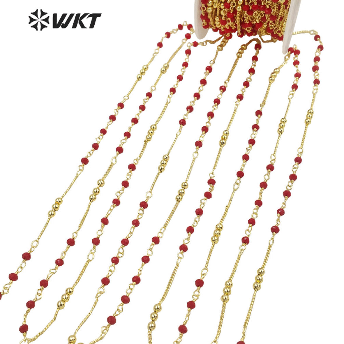 WT-RBC197 Amazing Women Handmade Gold Plated Jewelry Findings Chain in Brass with Red Beads Mix Link Chain Satellite Chain