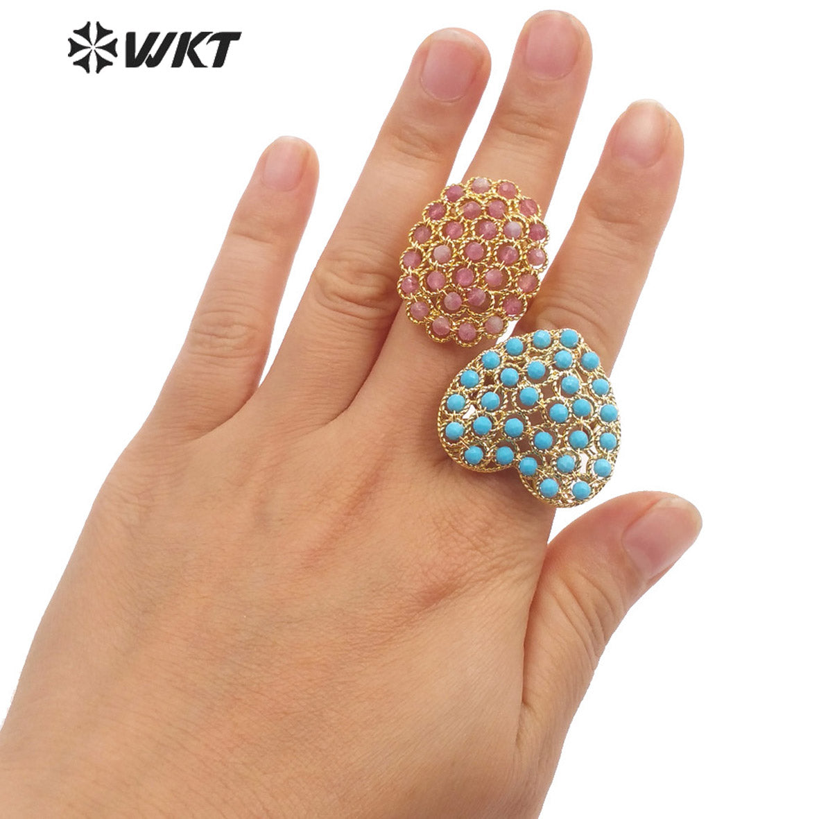 WT-R451 INS Summer Design Handmade Wire Wrapped Beads Ring 18k Gold Plated Tiny Stone Beads Jewelry Ring for Women