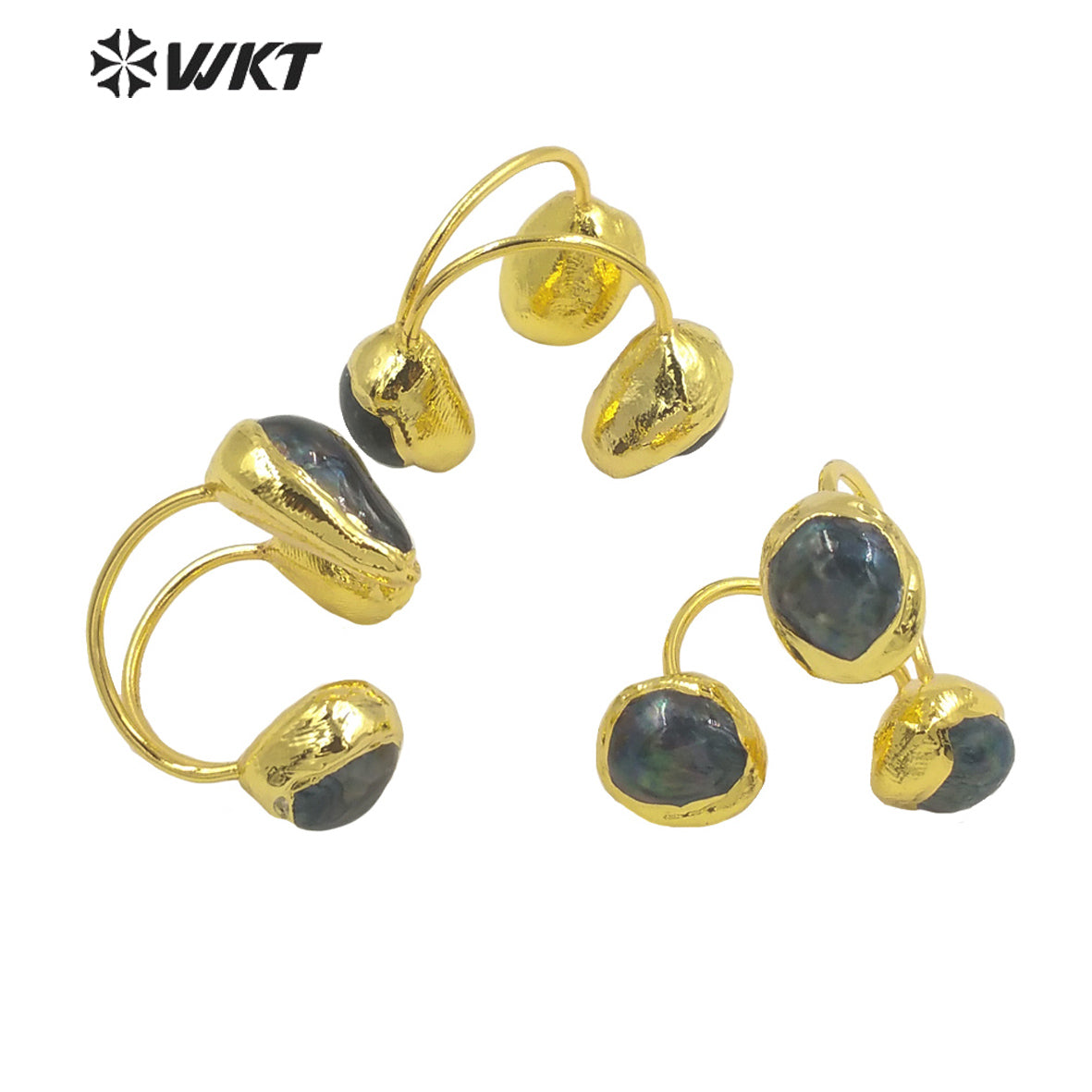 WT-MPR026 WKT 2022 Restoring Ancient Ways Natural Black Pearl Ring Style Natural MOP Ring Triple Ball Gold Plated Rings Women's